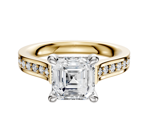 14K Two Tone 4 Prong Hidden Halo Cathedral Flat 1-Row-Pave 2.5mm Engagement Ring