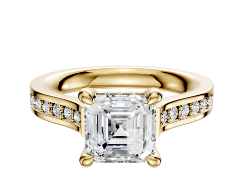18K Yellow Gold 4 Prong Hidden Halo Cathedral Flat 1-Row-Pave 2.5mm Engagement Ring