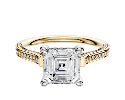 14K Two Tone 4 Prong Hidden Halo Cathedral Flat 3-Row-Pave 2.0mm Engagement Ring