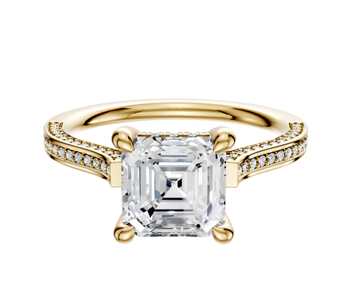 14K Yellow Gold 4 Prong Hidden Halo Cathedral Flat 3-Row-Pave 2.0mm Engagement Ring