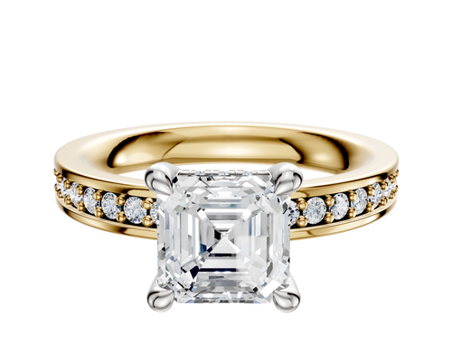 18K Two Tone 4 Prong Hidden Halo Classic Flat 1-Row-Pave 2.5mm Engagement Ring