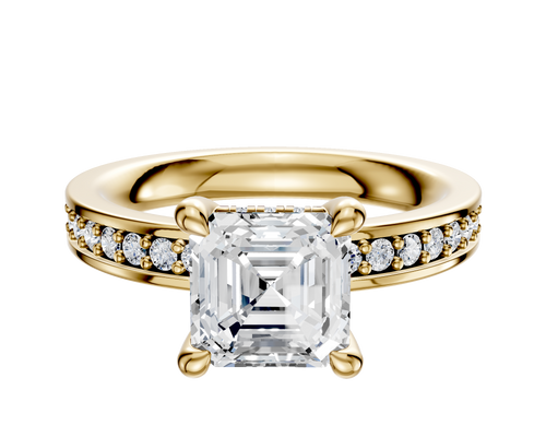 14K Yellow Gold 4 Prong Hidden Halo Classic Flat 1-Row-Pave 2.5mm Engagement Ring