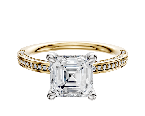18K Two Tone 4 Prong Hidden Halo Classic Flat 3-Row-Pave 2.0mm Engagement Ring