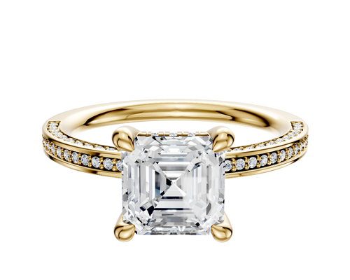 18K Yellow Gold 4 Prong Hidden Halo Classic Flat 3-Row-Pave 2.0mm Engagement Ring