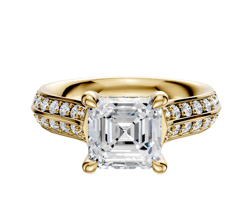 18K Yellow Gold 4 Prong Hidden Halo Cathedral Knife Edge 1-Row-Pave 2.5mm Engagement Ring