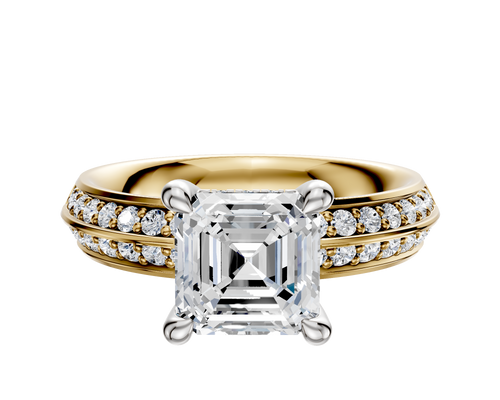 18K Two Tone 4 Prong Hidden Halo Classic Knife Edge 1-Row-Pave 2.5mm Engagement Ring