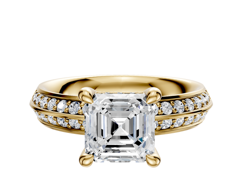 18K Yellow Gold 4 Prong Hidden Halo Classic Knife Edge 1-Row-Pave 2.5mm Engagement Ring