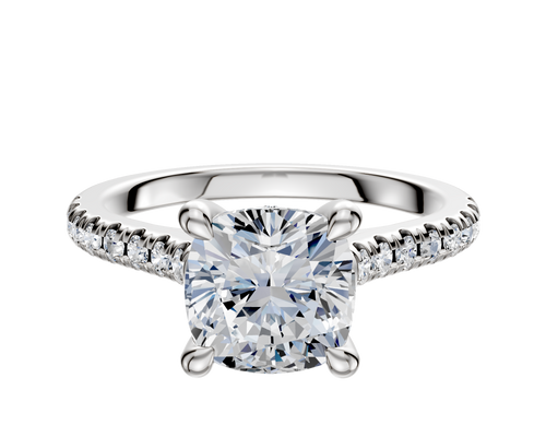 14K White Gold 4 Prong Hidden Halo Cathedral Dome 1-Row-Pave 2.5mm Engagement Ring