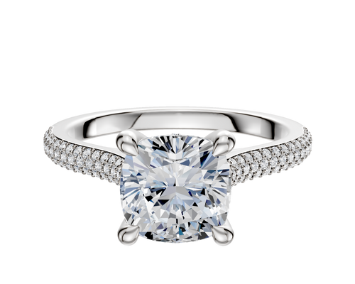 18K White Gold 4 Prong Hidden Halo Cathedral Dome 3-Row-Pave 2.0mm Engagement Ring
