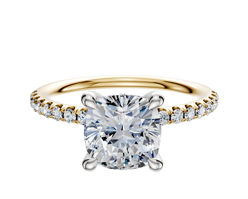 18K Two Tone 4 Prong Hidden Halo Classic Dome 1-Row-Pave 2.5mm Engagement Ring