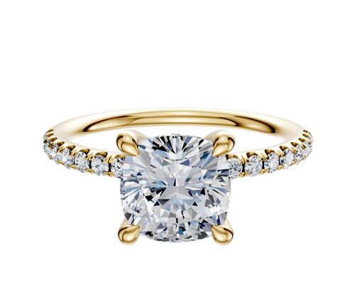 18K Yellow Gold 4 Prong Hidden Halo Classic Dome 1-Row-Pave 2.5mm Engagement Ring