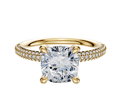 14K Yellow Gold 4 Prong Hidden Halo Classic Dome 3-Row-Pave 2.0mm Engagement Ring