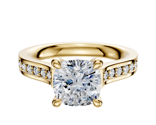 18K Yellow Gold 4 Prong Hidden Halo Cathedral Flat 1-Row-Pave 2.5mm Engagement Ring