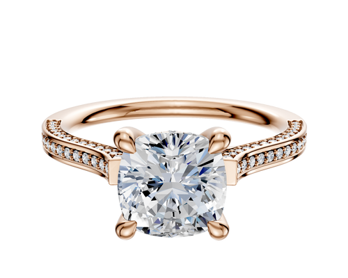 18K Rose Gold 4 Prong Hidden Halo Cathedral Flat 3-Row-Pave 2.0mm Engagement Ring