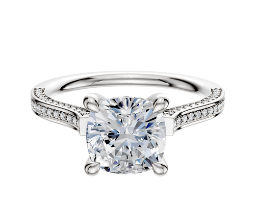 14K White Gold 4 Prong Hidden Halo Cathedral Flat 3-Row-Pave 2.0mm Engagement Ring