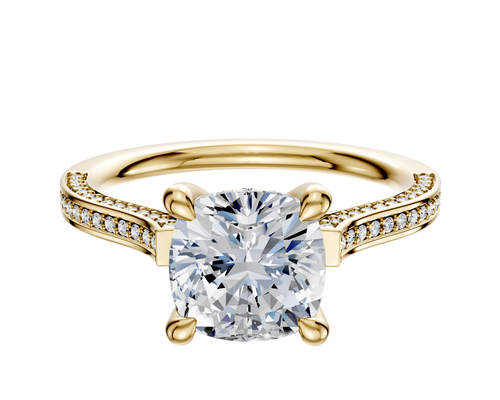 14K Yellow Gold 4 Prong Hidden Halo Cathedral Flat 3-Row-Pave 2.0mm Engagement Ring