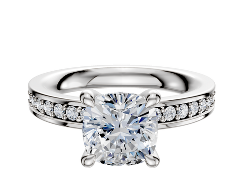 18K White Gold 4 Prong Hidden Halo Classic Flat 1-Row-Pave 2.5mm Engagement Ring