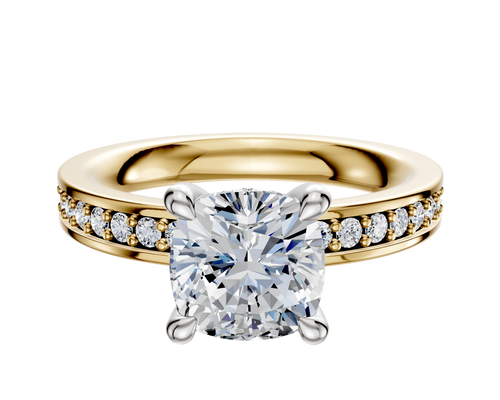 18K Two Tone 4 Prong Hidden Halo Classic Flat 1-Row-Pave 2.5mm Engagement Ring