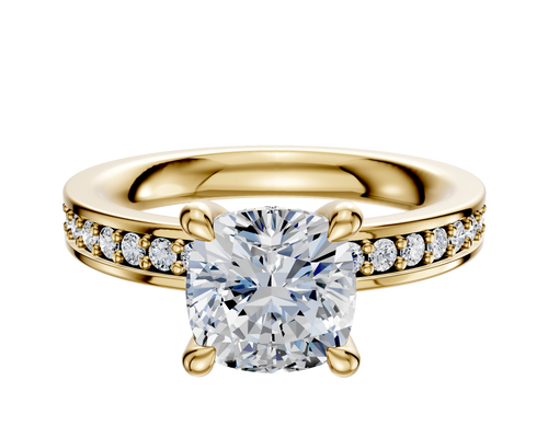 14K Yellow Gold 4 Prong Hidden Halo Classic Flat 1-Row-Pave 2.5mm Engagement Ring