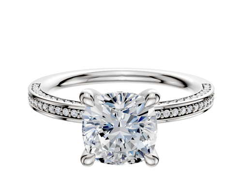 18K White Gold 4 Prong Hidden Halo Classic Flat 3-Row-Pave 2.0mm Engagement Ring