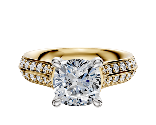 14K Two Tone 4 Prong Hidden Halo Cathedral Knife Edge 1-Row-Pave 2.5mm Engagement Ring