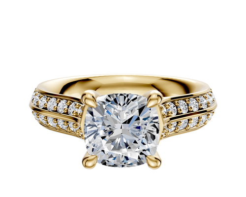 14K Yellow Gold 4 Prong Hidden Halo Cathedral Knife Edge 1-Row-Pave 2.5mm Engagement Ring
