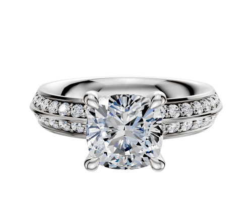18K White Gold 4 Prong Hidden Halo Classic Knife Edge 1-Row-Pave 2.5mm Engagement Ring