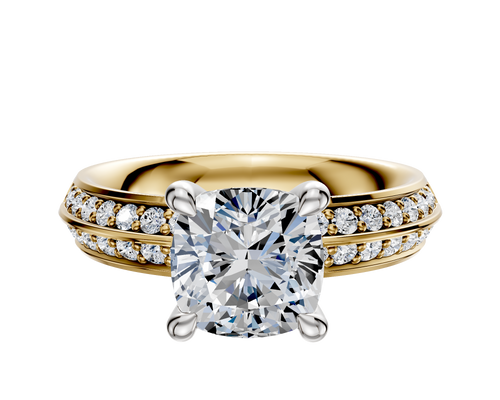 18K Two Tone 4 Prong Hidden Halo Classic Knife Edge 1-Row-Pave 2.5mm Engagement Ring