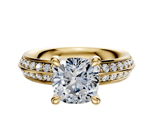 18K Yellow Gold 4 Prong Hidden Halo Classic Knife Edge 1-Row-Pave 2.5mm Engagement Ring