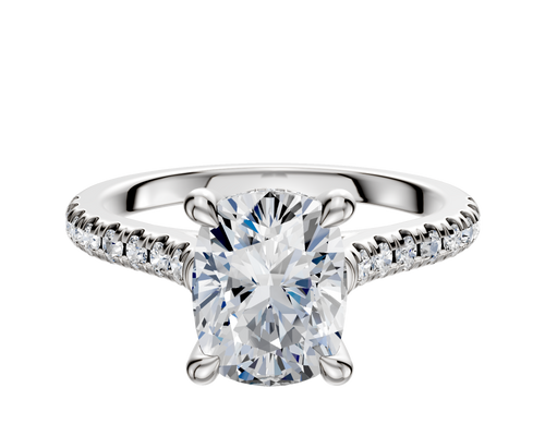 18K White Gold 4 Prong Hidden Halo Cathedral Dome 1-Row-Pave 2.5mm Engagement Ring
