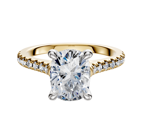 14K Two Tone 4 Prong Hidden Halo Cathedral Dome 1-Row-Pave 2.5mm Engagement Ring