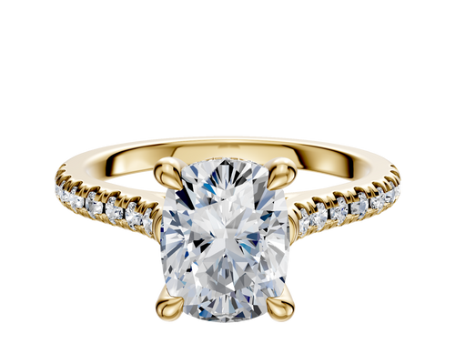 18K Yellow Gold 4 Prong Hidden Halo Cathedral Dome 1-Row-Pave 2.5mm Engagement Ring