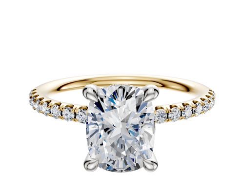 14K Two Tone 4 Prong Hidden Halo Classic Dome 1-Row-Pave 2.5mm Engagement Ring