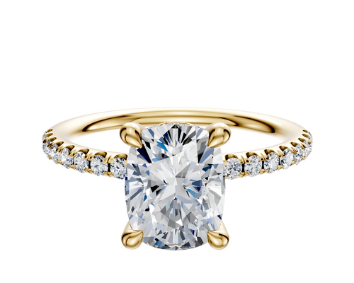 18K Yellow Gold 4 Prong Hidden Halo Classic Dome 1-Row-Pave 2.5mm Engagement Ring