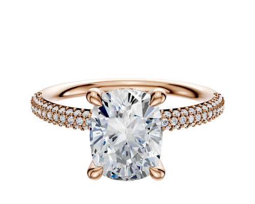 18K Rose Gold 4 Prong Hidden Halo Classic Dome 3-Row-Pave 2.0mm Engagement Ring