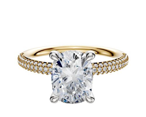 14K Two Tone 4 Prong Hidden Halo Classic Dome 3-Row-Pave 2.0mm Engagement Ring