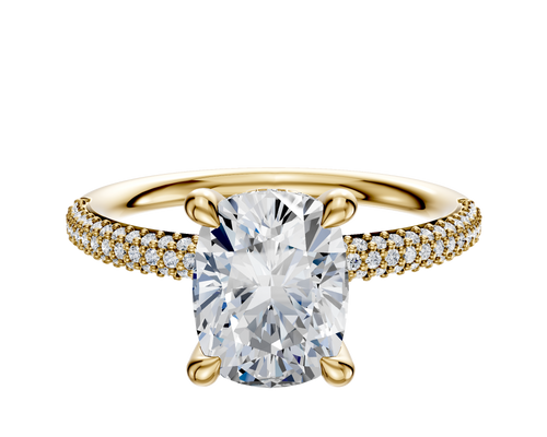 18K Yellow Gold 4 Prong Hidden Halo Classic Dome 3-Row-Pave 2.0mm Engagement Ring
