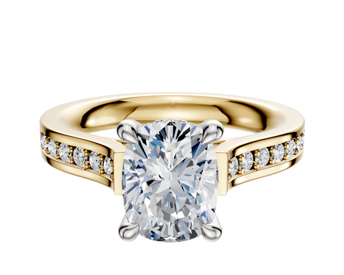 18K Two Tone 4 Prong Hidden Halo Cathedral Flat 1-Row-Pave 2.5mm Engagement Ring