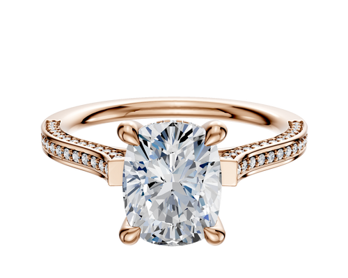 18K Rose Gold 4 Prong Hidden Halo Cathedral Flat 3-Row-Pave 2.0mm Engagement Ring