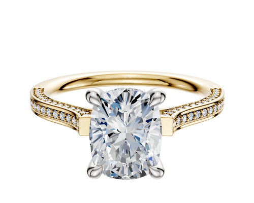 18K Two Tone 4 Prong Hidden Halo Cathedral Flat 3-Row-Pave 2.0mm Engagement Ring