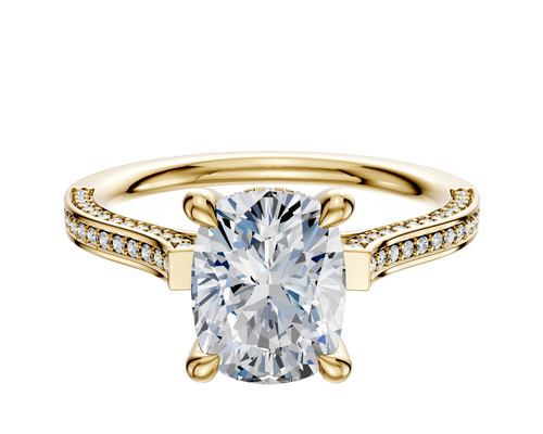 18K Yellow Gold 4 Prong Hidden Halo Cathedral Flat 3-Row-Pave 2.0mm Engagement Ring