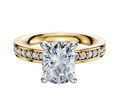 14K Two Tone 4 Prong Hidden Halo Classic Flat 1-Row-Pave 2.5mm Engagement Ring