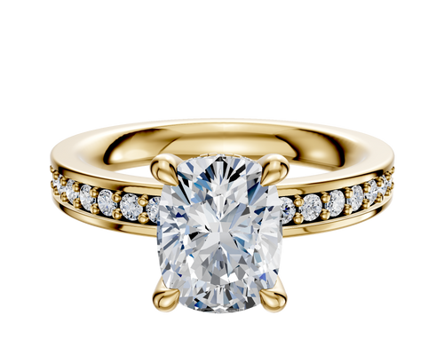14K Yellow Gold 4 Prong Hidden Halo Classic Flat 1-Row-Pave 2.5mm Engagement Ring