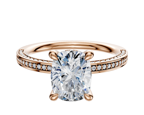 18K Rose Gold 4 Prong Hidden Halo Classic Flat 3-Row-Pave 2.0mm Engagement Ring