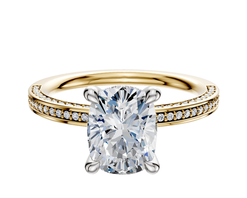 14K Two Tone 4 Prong Hidden Halo Classic Flat 3-Row-Pave 2.0mm Engagement Ring