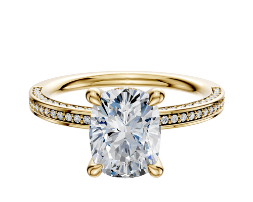 18K Yellow Gold 4 Prong Hidden Halo Classic Flat 3-Row-Pave 2.0mm Engagement Ring
