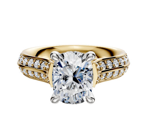 18K Two Tone 4 Prong Hidden Halo Cathedral Knife Edge 1-Row-Pave 2.5mm Engagement Ring