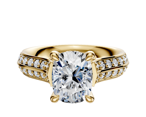 14K Yellow Gold 4 Prong Hidden Halo Cathedral Knife Edge 1-Row-Pave 2.5mm Engagement Ring