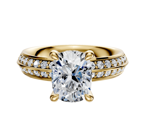 14K Yellow Gold 4 Prong Hidden Halo Classic Knife Edge 1-Row-Pave 2.5mm Engagement Ring