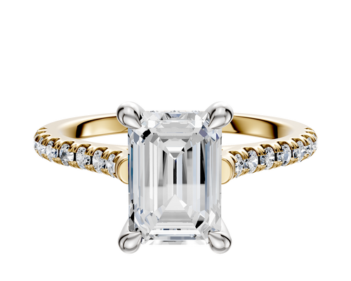 18K Two Tone 4 Prong Hidden Halo Cathedral Dome 1-Row-Pave 2.5mm Engagement Ring